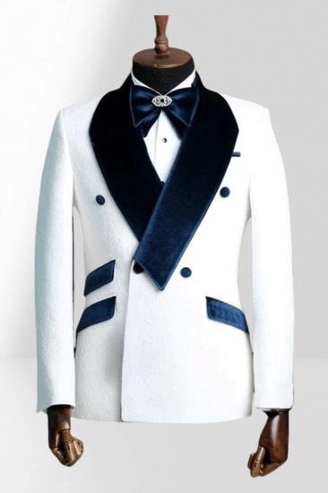 White Jacquard Men Two Piece Groom Suit | With Dark Blue Velvet Collar_1
