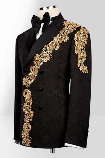 Brady Men's Black Double-Breasted Tuxedo with Gold Embroidery Prom Suit_3