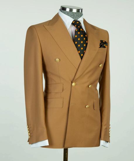 Light brown double-breasted pointed collar business men's suit_3