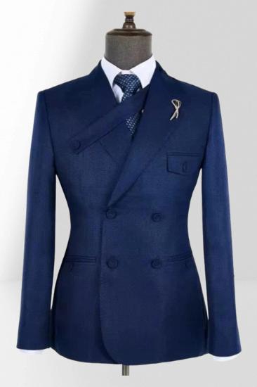 Dark Blue Men Peak Collar Slim Fit Double Breasted Two Piece Business Suit_1