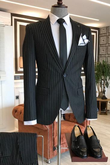 Reg Regular Black Striped Serrated Lapel Mens Suit Jacket_2
