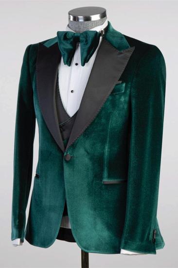 Dark Green Peaked Lapel Velvet Three Piece Prom Suit_3