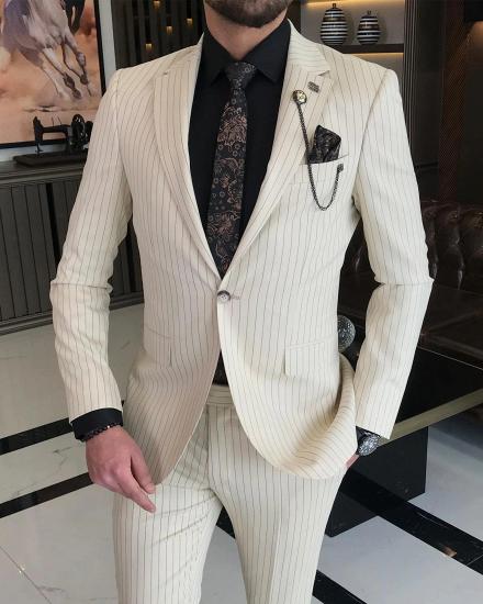 Elegant Beige Notch Lapel One Button Men Pinstripe Two Piece Suits_4