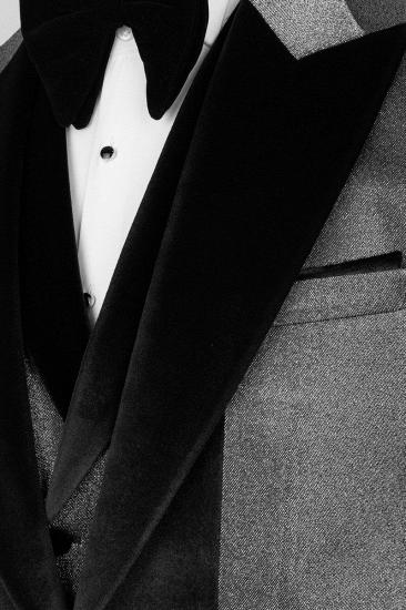 Grey Jacquard Wedding Suit with Black Velvet Groom Three Piece Suit_5