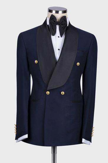 Navy blue Double Breasted Flap Wool Blend Shawl Collar Men Wedding Suit | Gold Buttons_1