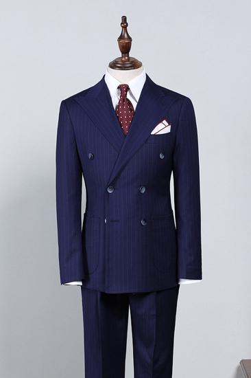 Howar's Unique Navy Striped Double Breasted Slim Fit Tailored Business Suit_2