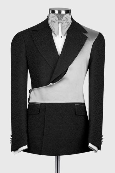 Slim New Arrival Black Notched Lapel Jacquard Two Pieces Prom Suits With White Crossover Satin Panel