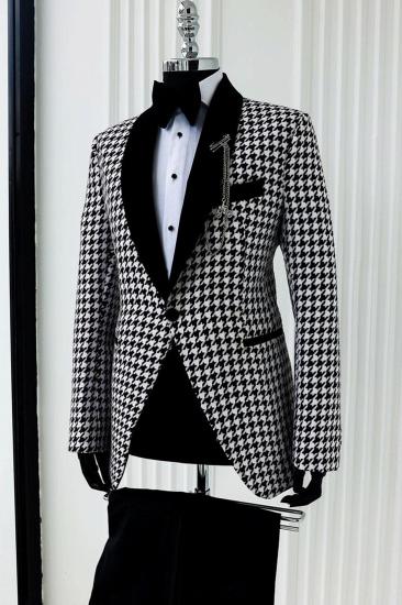 Brady Black White Plaid Shawl Lapel Wedding Two Piece Suit_3