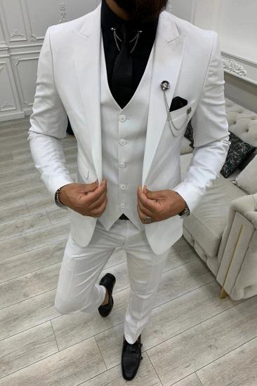 White Slim Fit Wool Blended One Button Men's Groom Three Piece Suit_2