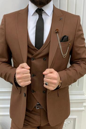 Brown Peak Collar Men's Slim Fit Three Piece Prom Suit_5