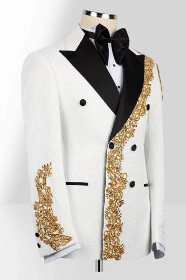 Men's White Double-Breasted Tuxedo with Gold Embroidery Two Piece Prom Suit | Bradymensuit_3
