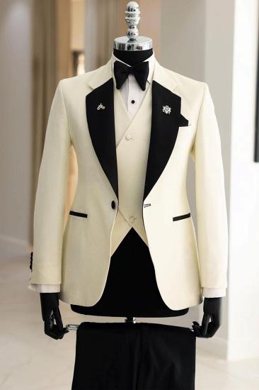 Cream White 3 Piece Tuxedo Black Lapel | Men's Wedding Groom Suit_1