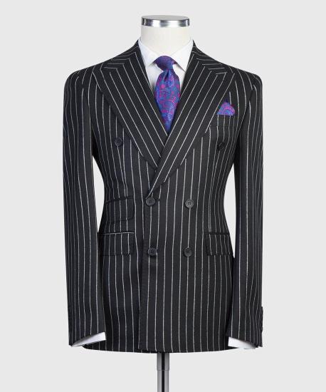 Modern Black Stripe Double Breasted Point Collar Business Men Suits_4