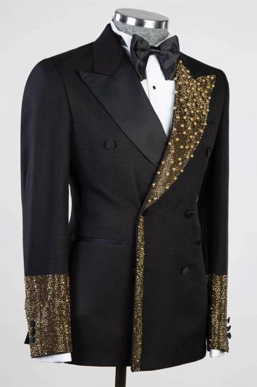 Black Peaked Lapel Double Breasted Two Piece Prom Suits With Gold Beading_2