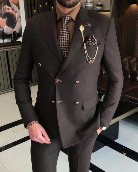 Modern Dark Brown Peak Lapel Double Breasted Men Two Piece Suits_3