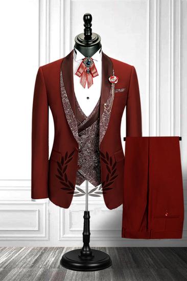 Red Three Piece Stitching Lapel Stylish Double Breasted Waistcoat Men Formal Suit_2