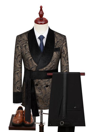 Brown Black Mens Nightgown Suit Shawl Collar Velvet Two Piece  Suits | Banquet Prom Suit With Belt