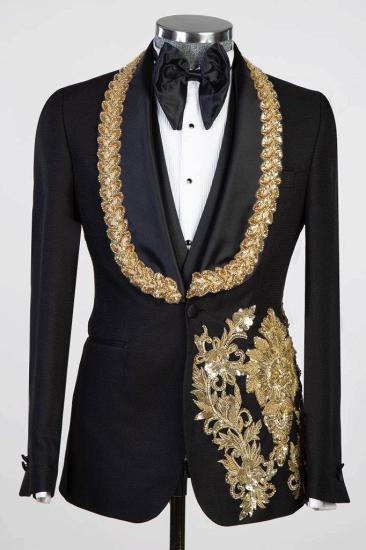 Fashion Slim Shiny Gold Appliques Three Piece Black Wedding Suit Prom Outfits_2
