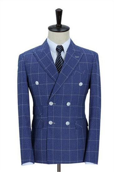 Double Breasted Ocean Blue Business Mens Blazer |  Mens Wedding Plaid Slim Fit Tuxedo_1