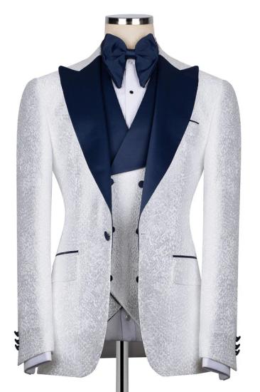 Brady Stylish White Jacquard Three Pieces Prom Suits With Navy Peaked Lapel