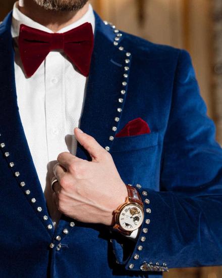 Decent Navy Velvet Notched Lapel Two Piece Prom Suits With Crystal_2