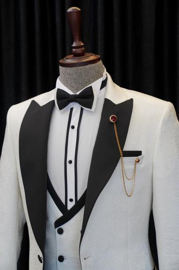 Anthony Stylish White Three Piece Wedding Mens Suit with Black Point Lapel_2