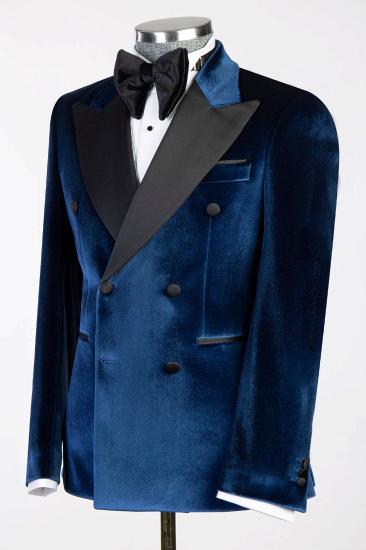 Dark Blue Peak Collar Cashmere Mens Double Breasted Wedding Prom Suit_2