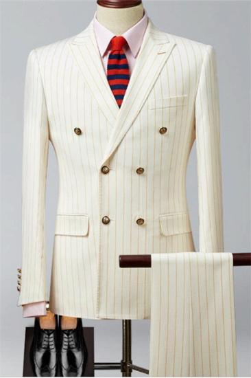 Beige Peak Lapel Double Breasted Tuxedo |  Formal Striped Business Mens Suits 2 pcs_1