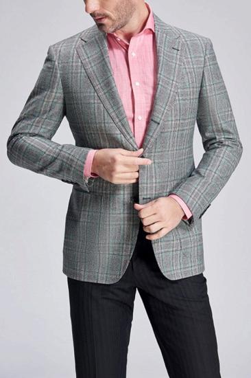 Casual Green Plaid Pocket Grey Mens Business Suit Blazer_2