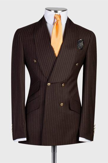Chocolate Stripe Double Breasted Shawl Lapel Two-Piece Men Suit_1