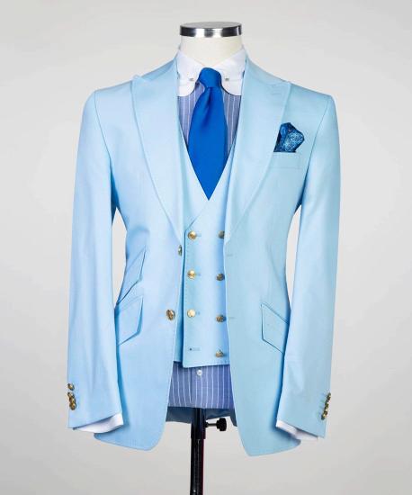 Sky Blue Three-piece Pointed Collar Slim Men Suits_4