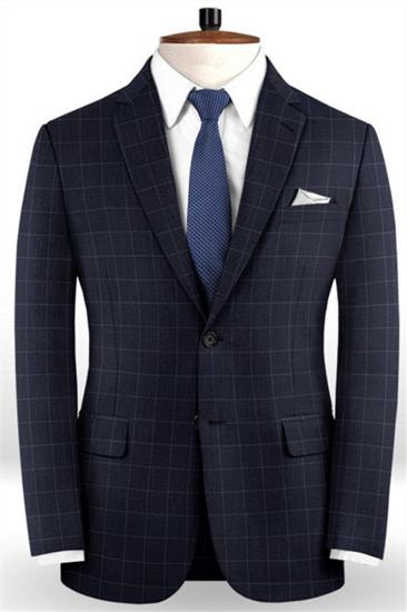 Dark Blue Check Mens Suit | Fashion Notch Lapel Prom Tuxedo_1