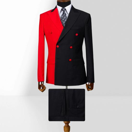 Red And Black Double Breasted Peak Collar Slim Fit Mens Two Piece Suit_3