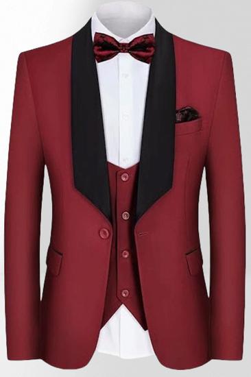 Dark Red Slim Fit Black Shawl Collar Single Breasted Men's Three Piece Wedding Tuxedo_1