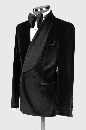 Fashion Slim Fit Black Velvet Double Breasted Men Two Piece Prom Suit_2