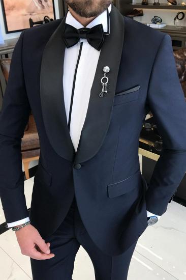 Fashion Navy Blue Shawl Collar Slim Fit Men's Wedding Suit Two Piece Suits_2