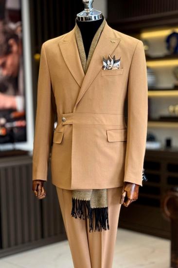 James Stylish Camel Peaked Lapel Two Piece Prom Suits With Sash_1