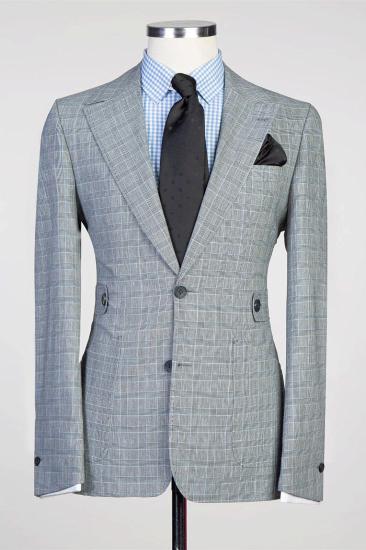 Light Gray Plaid Two-Piece Fitted Men's Suit_1