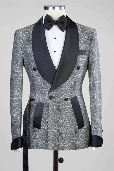 Khalil Grey Double Breasted Jacquard Wedding Mens Suit with Black Lapel_1