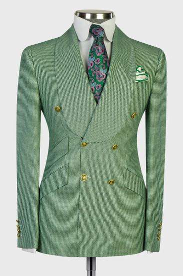 Brady Jam Green Shawl Lapel Double Breasted Plaid Mens Two Pieces Prom Suits