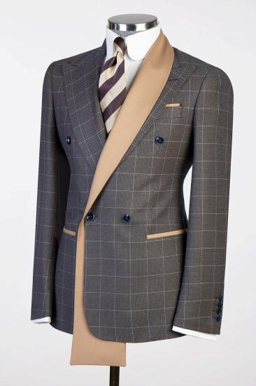 Slim Fit Dark Gray Plaid Double Breasted Satin Lapel Business Two Piece Suit_2