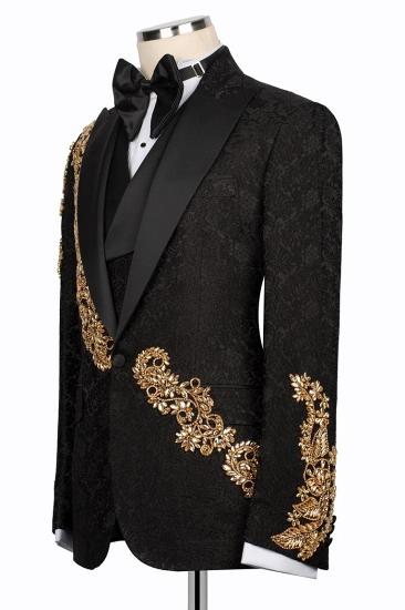 Brady Gold Crystals Appliques Black Three Piece Jacquard Mens Suit_4