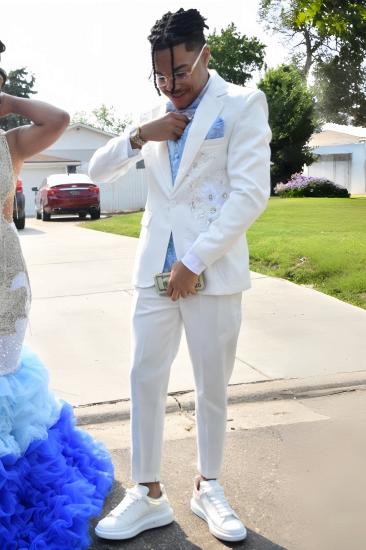 Fashion White Notched Lapel One Button Beading Prom Suits_1