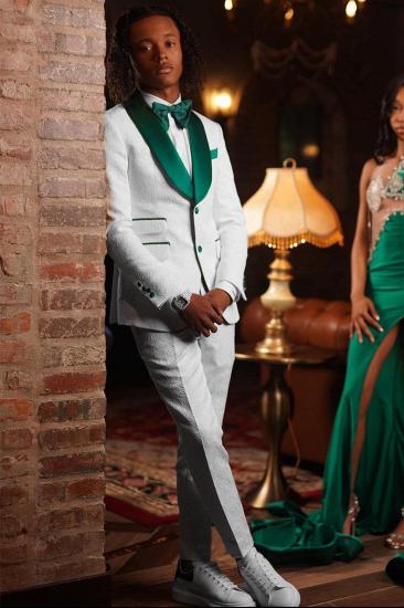Men's White Jacquard Suit with Green Satin Lapel Prom Tuxedo | Bradymensuit_1
