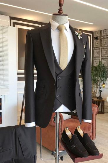 Classic Three Piece Dark Brown Peak Lapel Business Mens Suit | Double Breasted Waistcoat_2