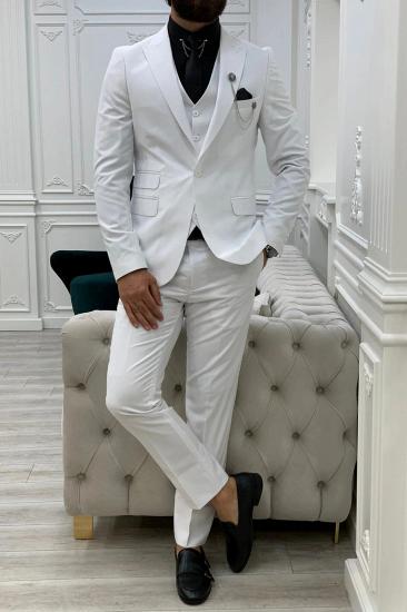 White Slim Fit Wool Blended One Button Men's Groom Three Piece Suit_1