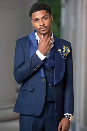 New Stylish Navy Blue Three Piece Prom Suit With Satin Lapels_2