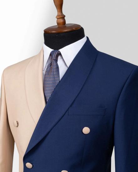 Champagne And Navy Blue Double Breasted Shawl Collar Slim Mens Two Piece Suit_2
