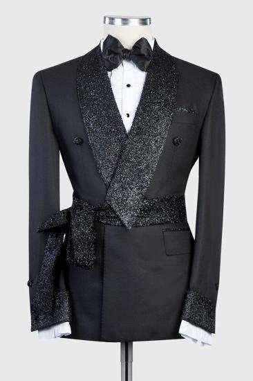 Brady Sparkling Shawl Lapel Double Breasted Black Two Piece Wedding Suit with Belt