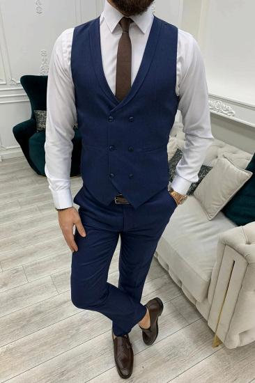 Navy Blue Slim Fit Wool Blend Single Button Mens Three Piece Suit_4